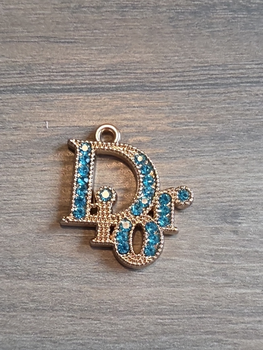Gold Initial D Pendant Charm with Blue Crystals